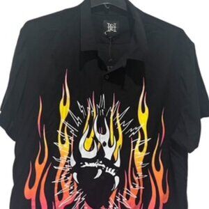 NEW Ed Hardy Tattoo Black Button up Camp Shirt Men's‎ L Flames Button Up…